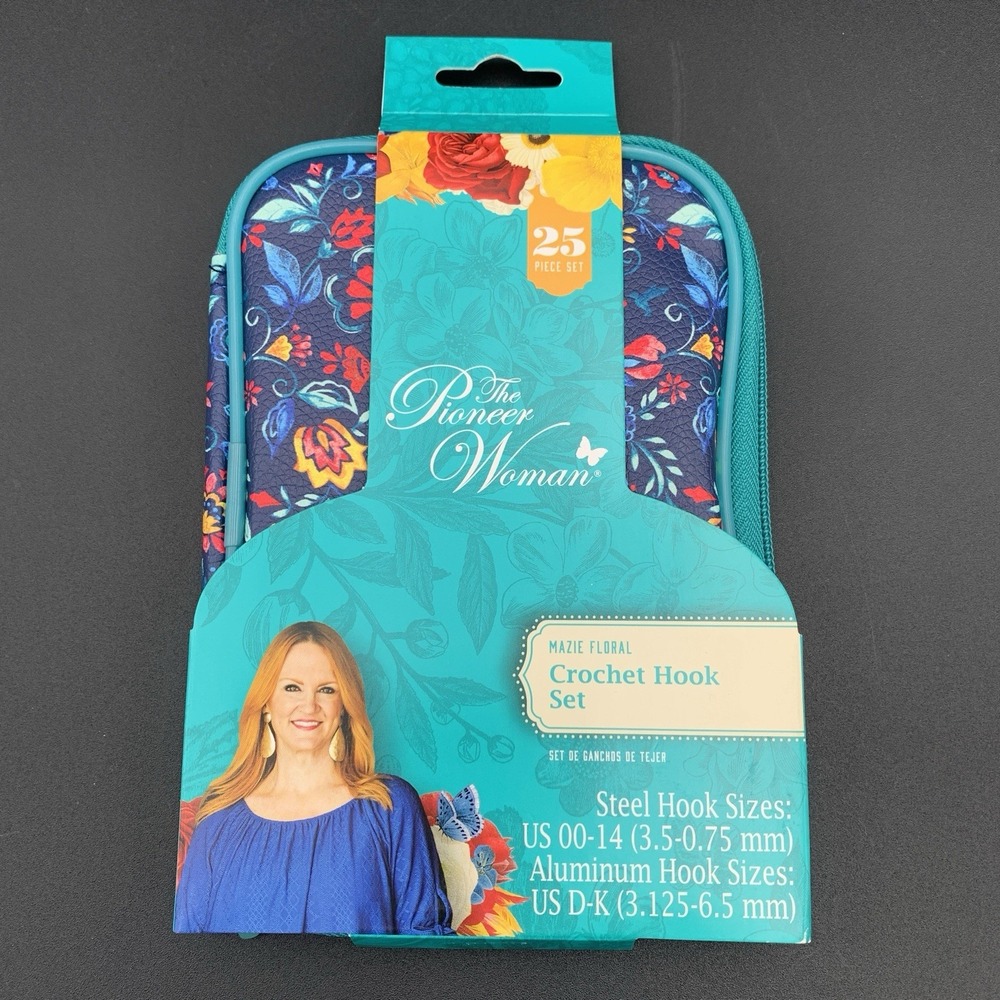Pioneer Woman Crochet Hook Set Mazie Floral 25 Pieces Steel 00-14 Aluminum D-K‎